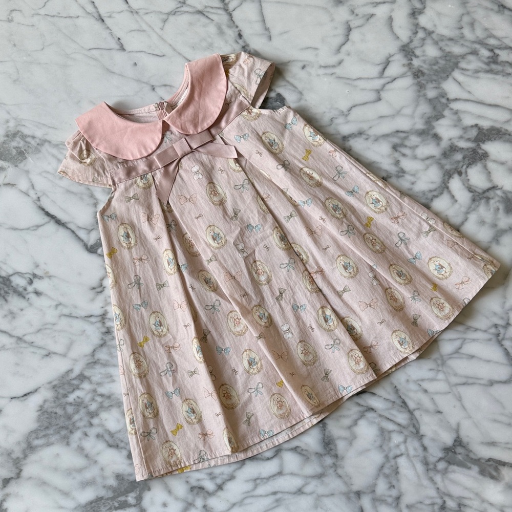 Girls' Pink Bow-Print Dress with Peter Pan Collar